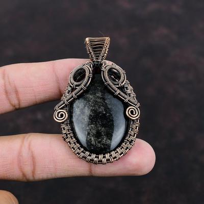 Silver Sheen Obsidian Pendant Copper Wire Wrapped Pendant Unique Copper Design Jewelry Handmade Gemstone Pendant Wedding Gift Wire Jewelry