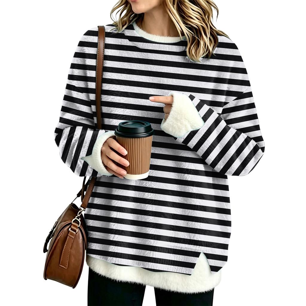 Women's Fashion Flannel Round Neck Two-Piece Striped Print Top with Spliced Design