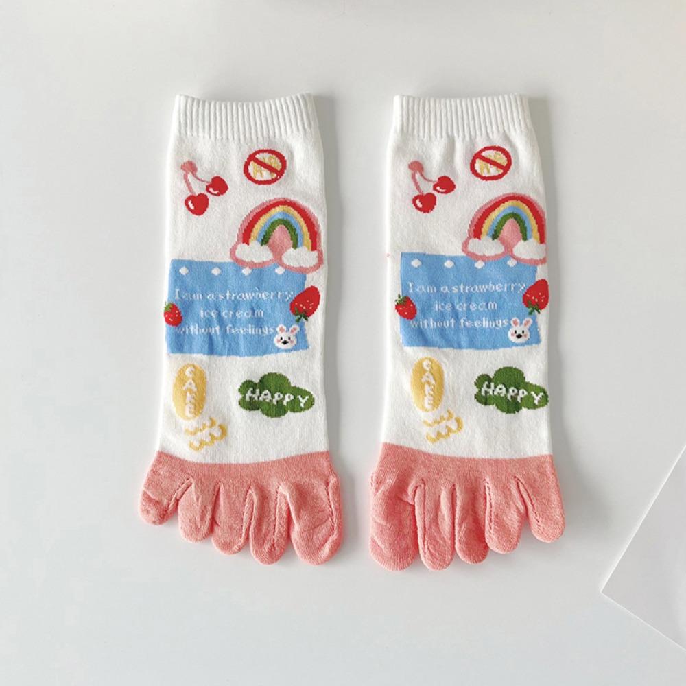Cotton Five Fingers Women Socks Cartoon Medium Tube Socks Kawaii Split Toe Socks  For Yoga Sports
