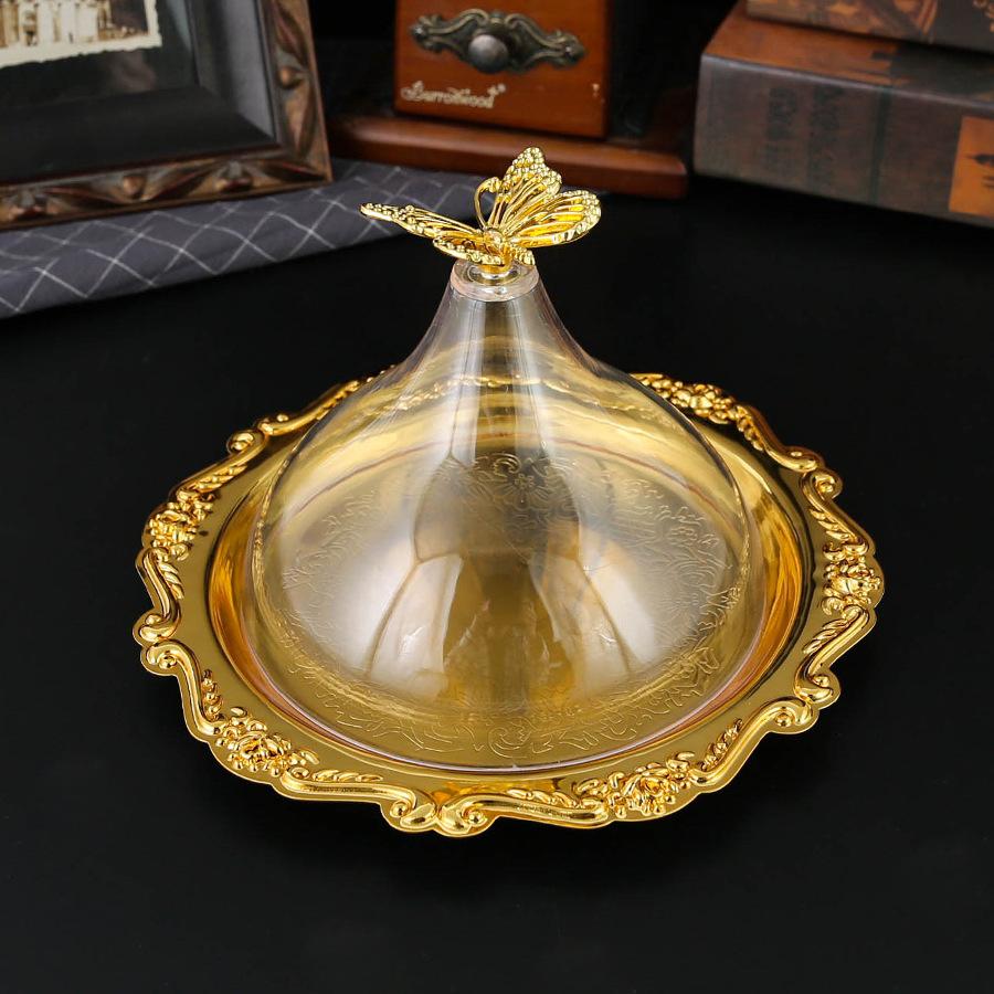 Golden Fruit Plate Acrylic Cover Cake Stand Dried Fruit Platter Pastry Plate Dessert Bowl Snack Bowl Storage Tray Bread Plates
