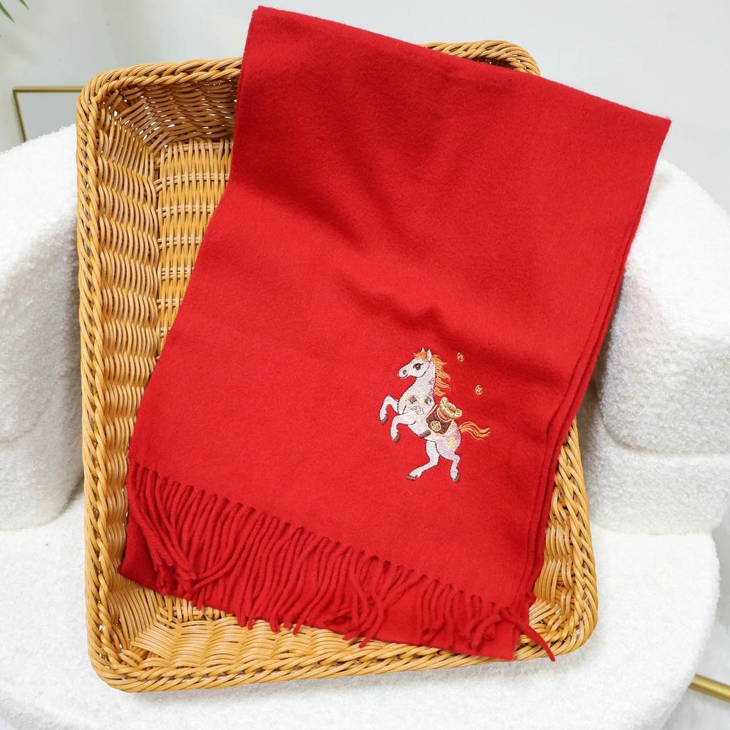 New Year's Embroidered Wool Scarf for Autumn and Winter Thickened Warm Scarf With Tassel