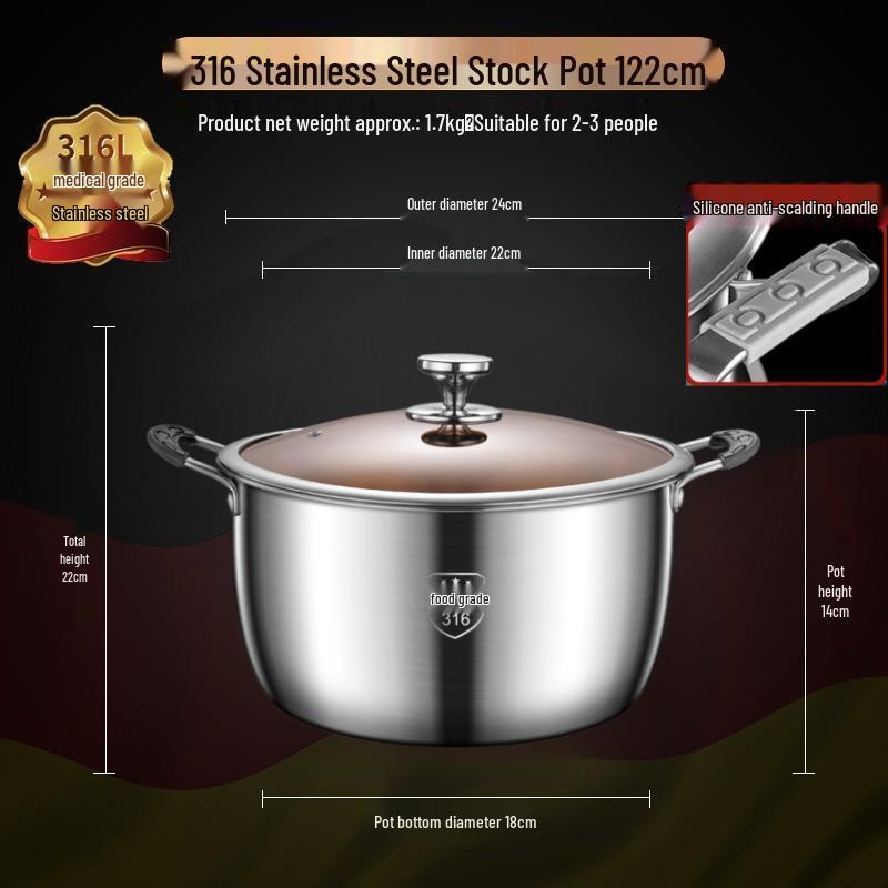 Extra Tall 316 Stainless Steel Stockpot with Anti-Overflow Lid, Large Capacity, No Coating, Perfect for Porridge, Steaming, and Stews.