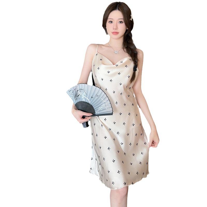 Swinging collar sexy pajamas women's ice silk printing pure desire wind suspender pajamas spring new loungewear available