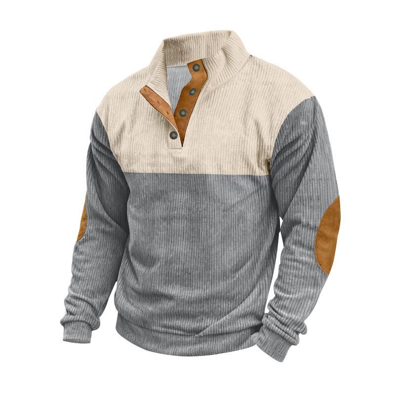 New Men's Corduroy Patchwork Contrast Collar Oversized Long-Sleeved Knitted Sweatshirt