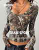 European Fashion 2025 Women's Retro Camouflage Tree Branch Pattern U-Neck Slim Fit Cropped T-Shirt