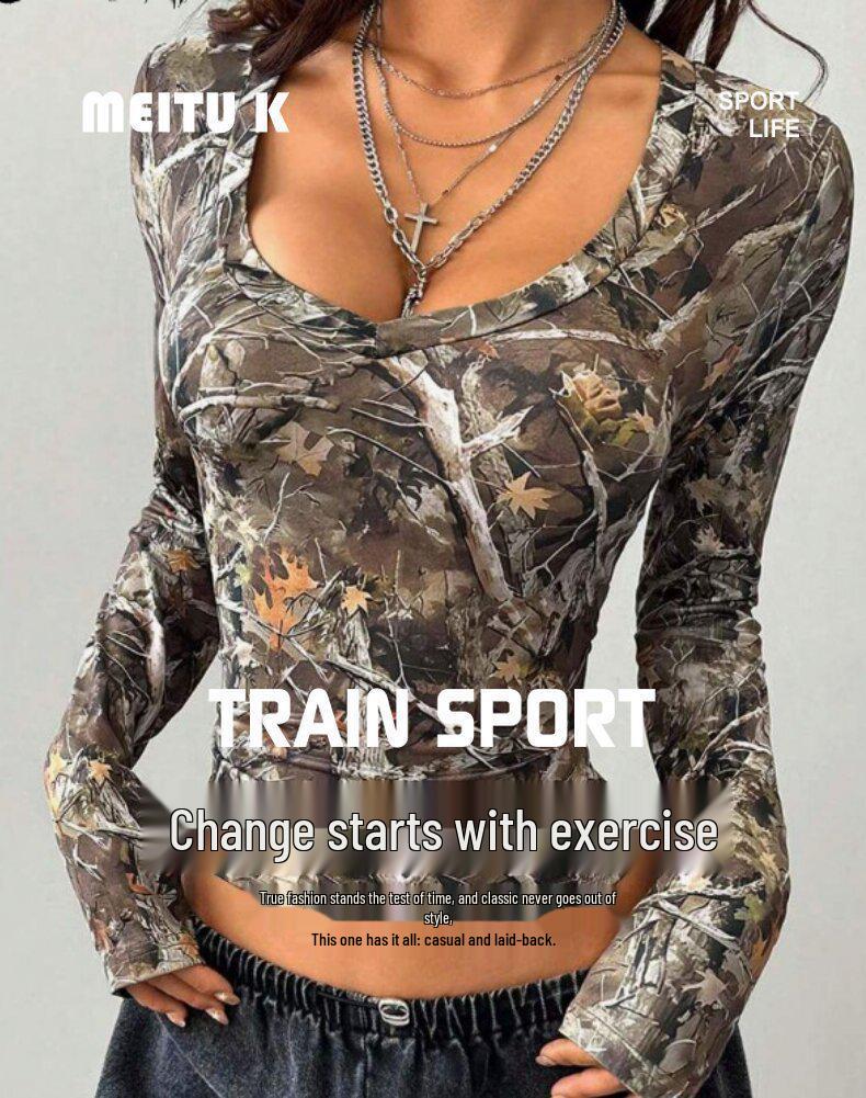 European Fashion 2025 Women's Retro Camouflage Tree Branch Pattern U-Neck Slim Fit Cropped T-Shirt