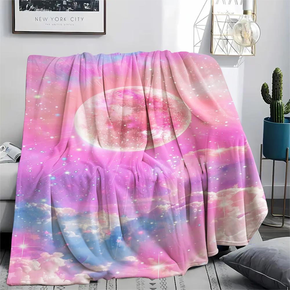 1Pc Galaxy Moon Print Flannel Blanket, High quality Comfortable for All Seasons, Home Decor, Warmth and Comfort, Perfect for Gifts