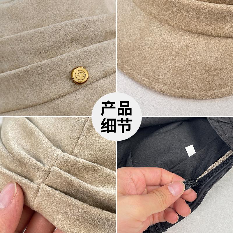Round Label Pleated Suede Flat Top Equestrian Hat Women'S Season Warm Newsboy Hat Showing Face Ducktongue Beret