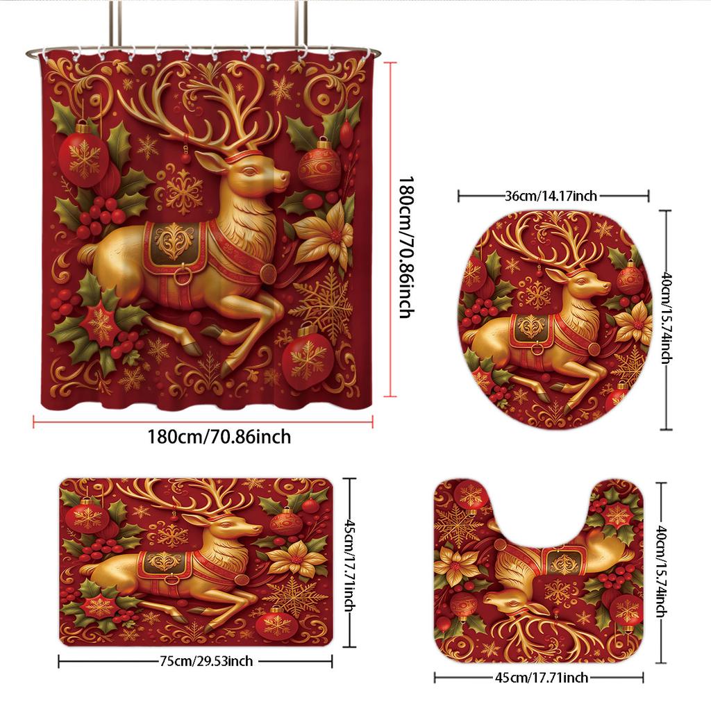 4 Stück Weihnachts-Gold-Rentier Rot Bedrucktes Badezimmer-Set 180x180 Wasserdichter Duschvorhang Bodenmatte, U-förmige Matte, Toilettensitzbezug