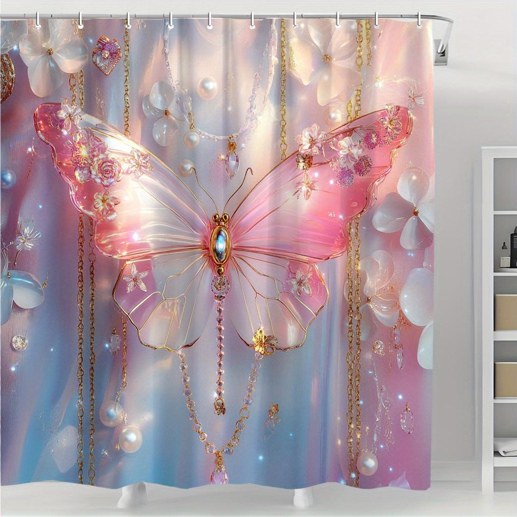 1pc Pink Glitter Butterfly Shower Curtain, Perfect Bathroom Decor for All Seasons, Shower Privacy | Digital Printed Curtain
