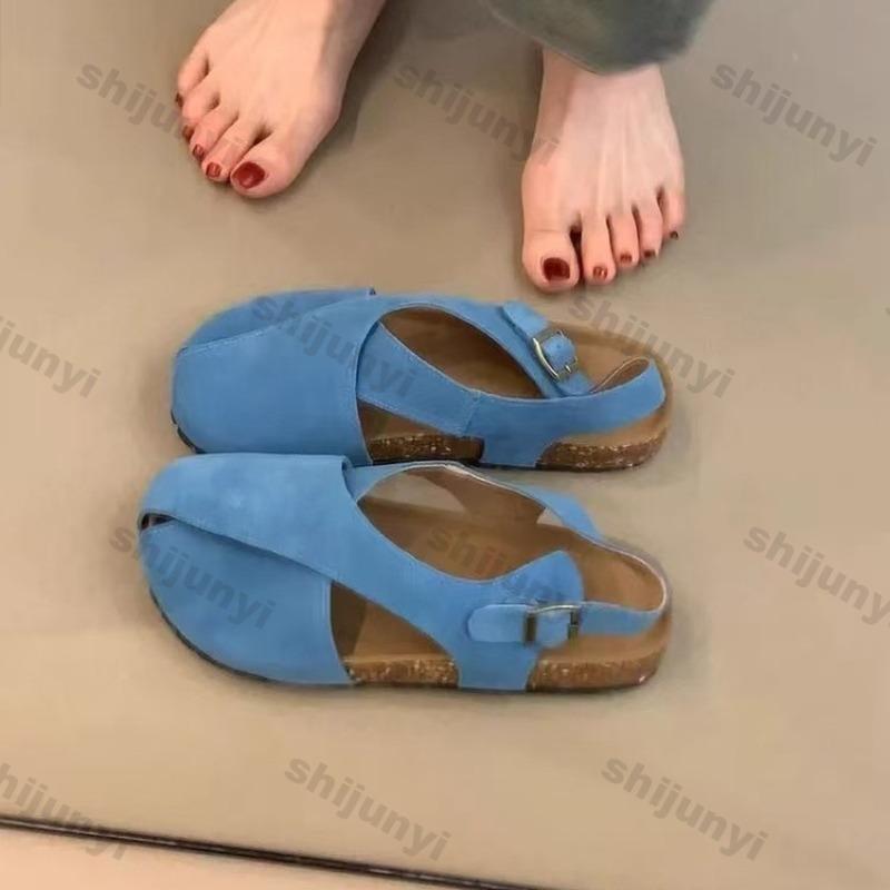 Sandali da Donna alla Moda Estivi 2025 Nuovi Moda Vintage Lusso Bottone Quadrato Scarpe Piatte Traspiranti Comode Antiscivolo Romane Casual