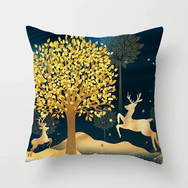 Black Gold Drawing Leaf Elk Tree Bird Butterfly Printed Square Pillowslip Polyester Cushion Cover Pillowcase Living Room Home