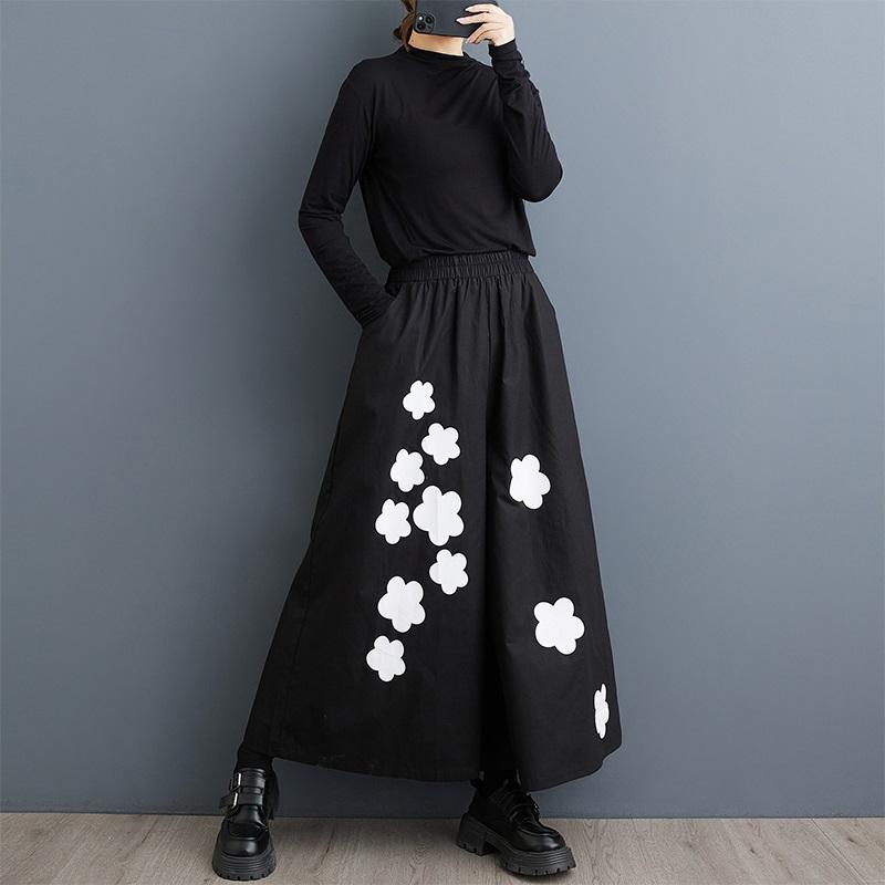 Cotton Plus Size Vintage Floral High Waist Casual Loose Spring Autumn Wide Leg Pants Women Trousers
