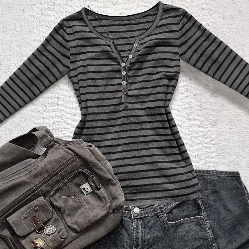 European & American Striped V-neck Long-sleeve Slimming T-shirt - Autumn/Winter Casual Korean Style