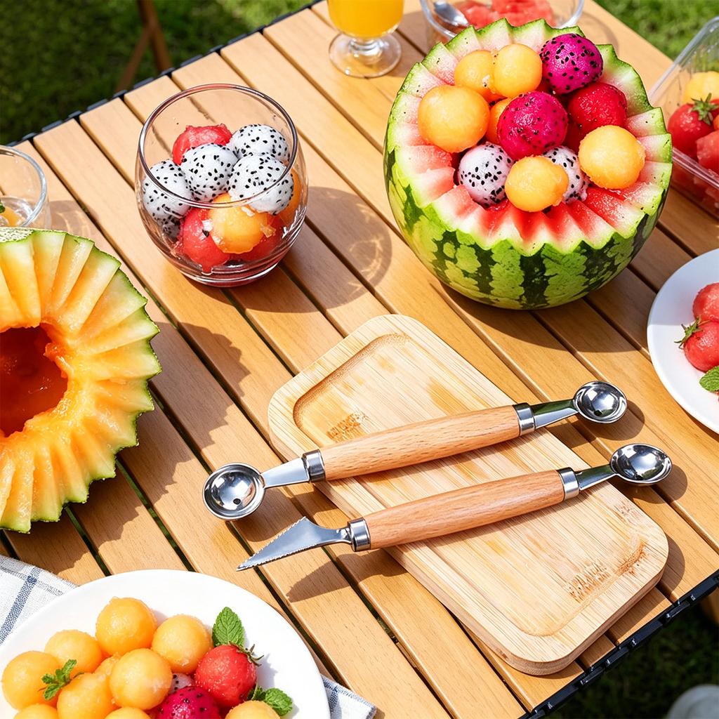 Doppelseitiger Obstlöffel und Melonenlöffel aus Edelstahl mit Holzgriff Küchenwerkzeug zum Ausstechen und Teilen von Früchten