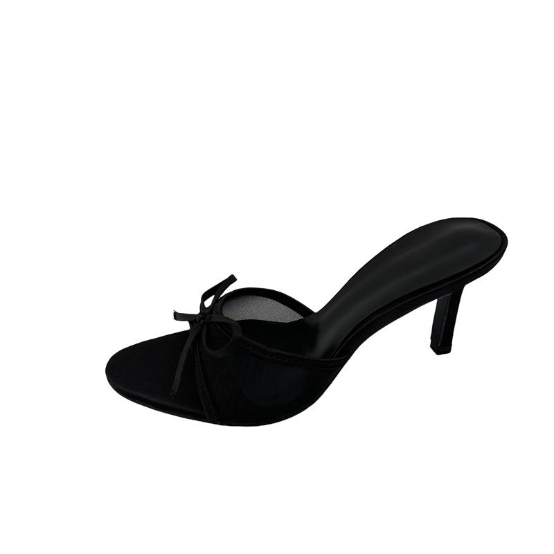 2025 New Open-toe One-word Mesh High-heeled Cool Slippers Women