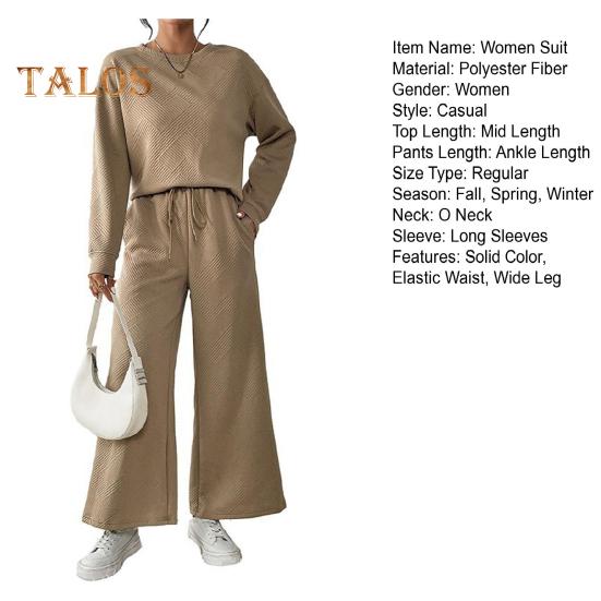 2 Teile/satz Frauen Top Hosen Anzug O Hals Lange Ärmel Einfarbig Sport Sweatshirt Kordelzug Elastische Taille Breite Bein Hosen Fitness Outfit Herbst Frühling