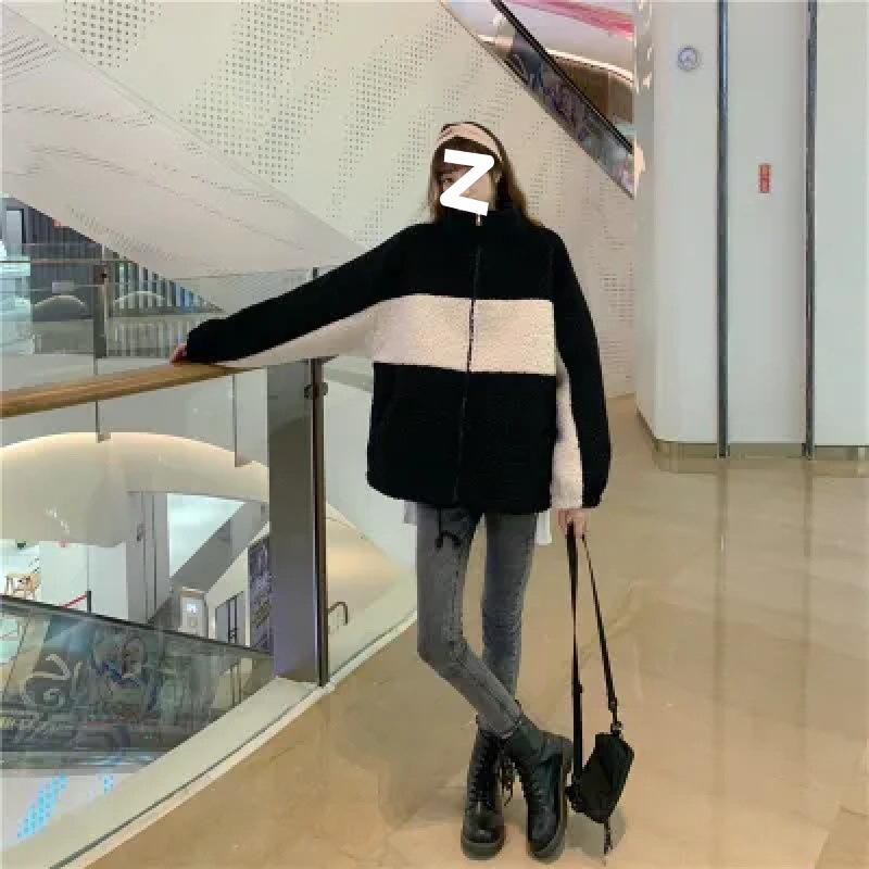 Feta syster Plus Size 200 pund Lammfleecejacka Dam Höst och Vinter Mångsidig Lös Kort Casual Topp