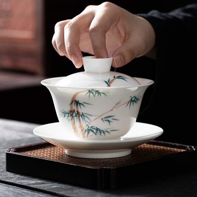 Hand-Painted Suet Jade Hover Lid Bowl Teacup Single Ceramic Suspension Sancai Tea Bowl White Tea Bubble Tea Bowl Tea Set