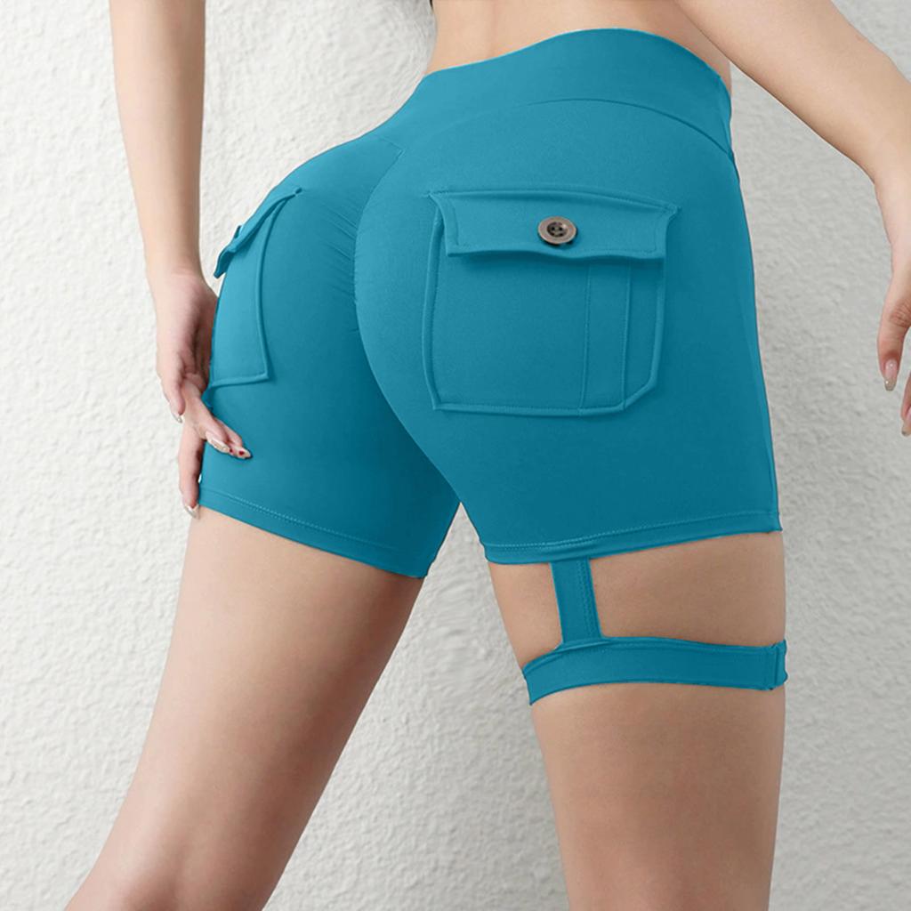 Womens High Waist Stretchy Pocket Shorts with Button Flap and Strap for Casual and Active Wear