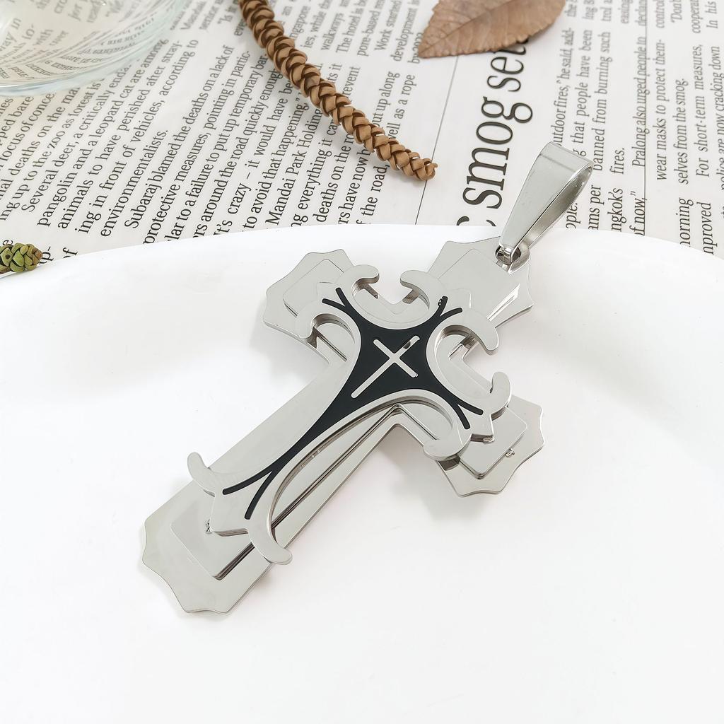New Trendy Men's Titanium Steel Flat Section Necklace from Europe and America, Stainless Steel Oil Drop Cross Pendant