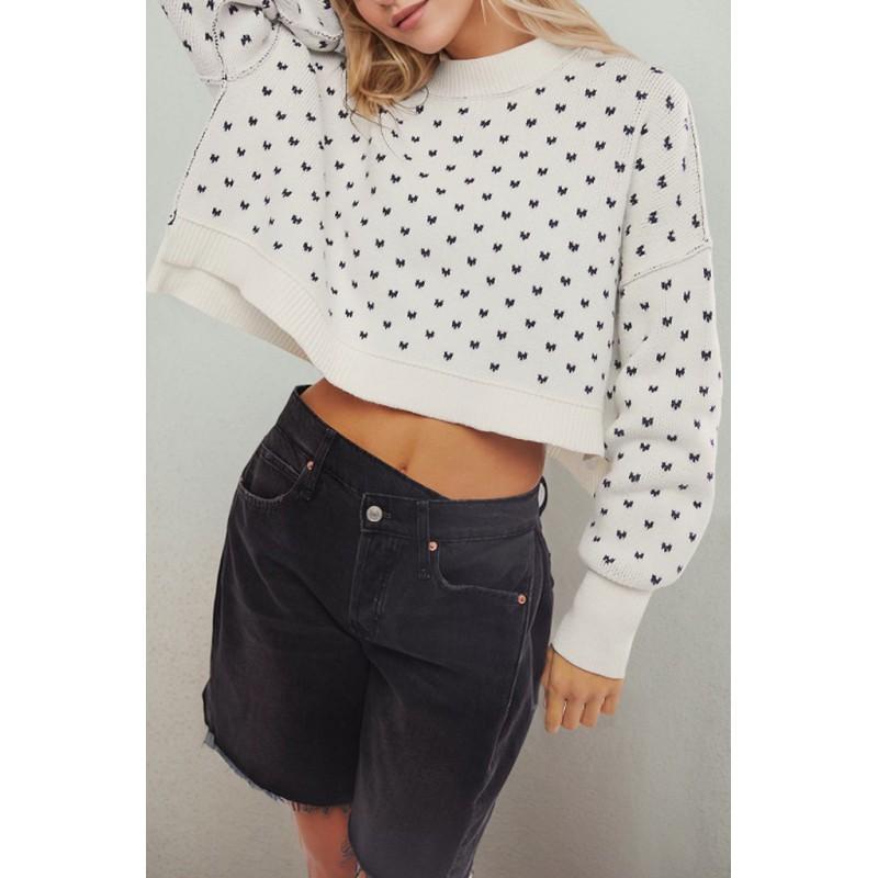 Womens Oversized Cropped Knit Sweater With Heart Motif Round Neck Long Sleeve Loose Fit Winter 2026