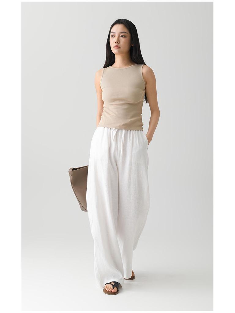 Women's Pure Linen Wide-Leg Pants - White, Summer Style, Loose Fit, High-End, Relaxed Feel