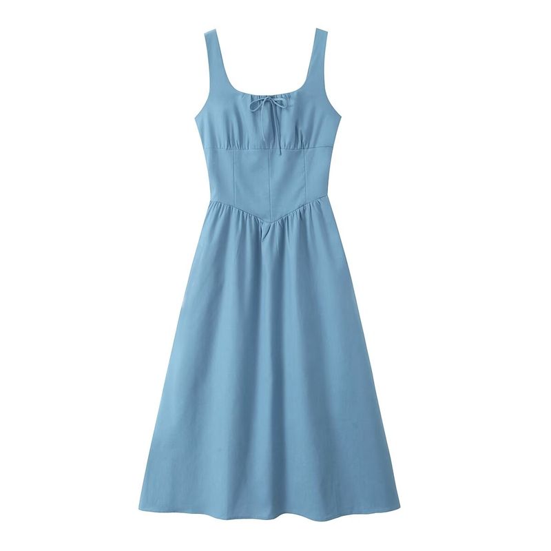 

Kaslead Новое поступление Женская одежда Модный стиль Модный Французская талия Хлопок Лен Без рукавов Длинное платье Peacock Blue L