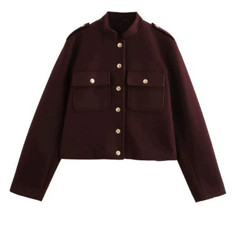 Módní dámská měkká tvídová bomber bunda s kulatým výstřihem, dlouhým rukávem, kapsami, knoflíky, volný vlněný kabát, dámské streetové oblečení