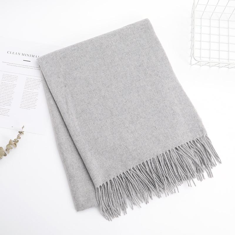 Wool and Cashmere Scarf: Gray Solid Color with Fur Trim, Warm Tassels for Autumn and Winter
