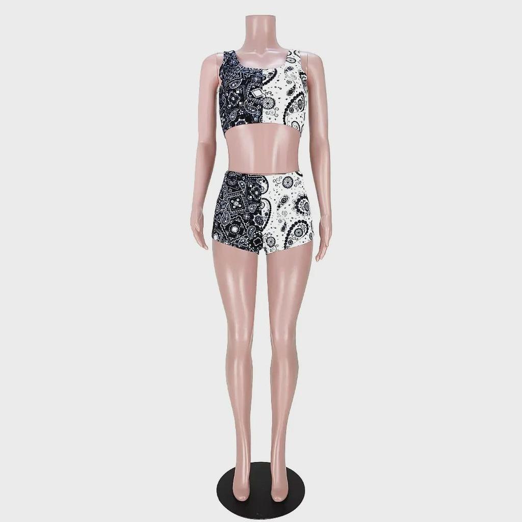 Women's European & American Contrast Color Sports Vest and Printed Pants Set