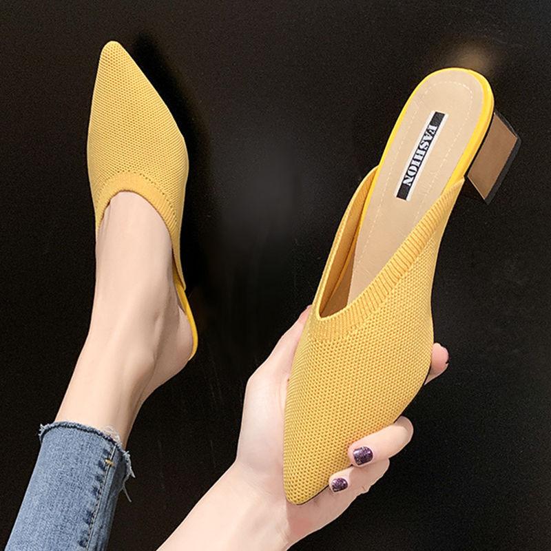 2020 spring and summer new bag head half slippers women's flying woven mid-heel pointed Mueller shoes thick heel wear lazy cool slippers