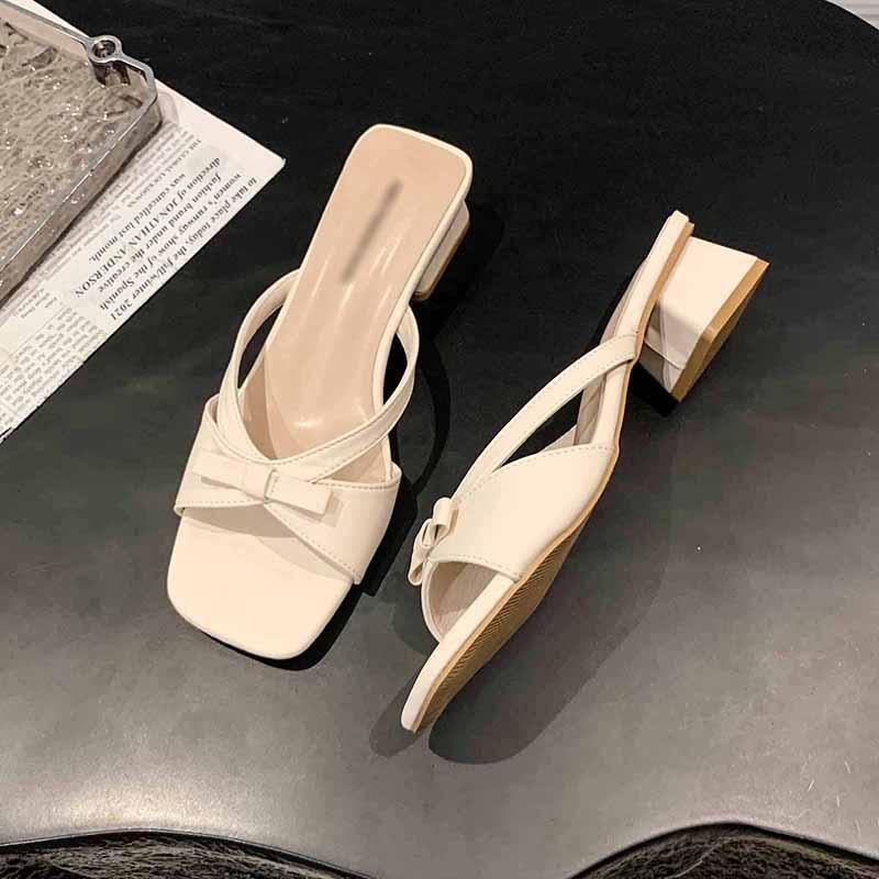 

Модные французские шлепанцы на блочном каблуке с бантом для выхода в свет 2025 Лето Новые универсальные женские сандалии и шлепанцы 40