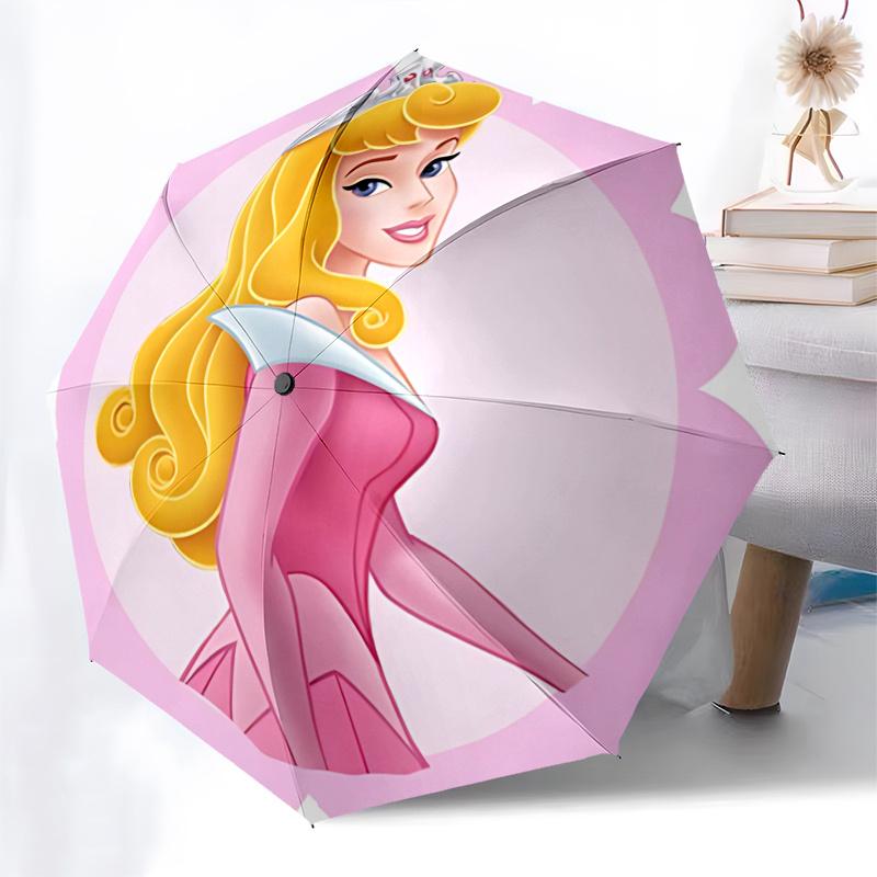 Princess Aurora, Sleeping Beauty Automatic Opening and Closing Umbrella - 8 Ribs Portable Folding Umbrella with Plastic Handle, Suitable for