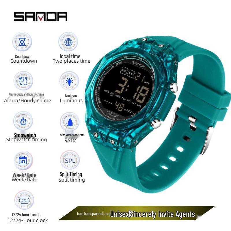 Sanda Waterproof Sports Watch: Multifunctional with Countdown, Dual Time Zone, Alarm for Students
