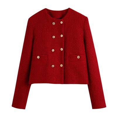 Autumn and Winter Women's Textured Round Neck Double-breasted Slim Suit Jacket