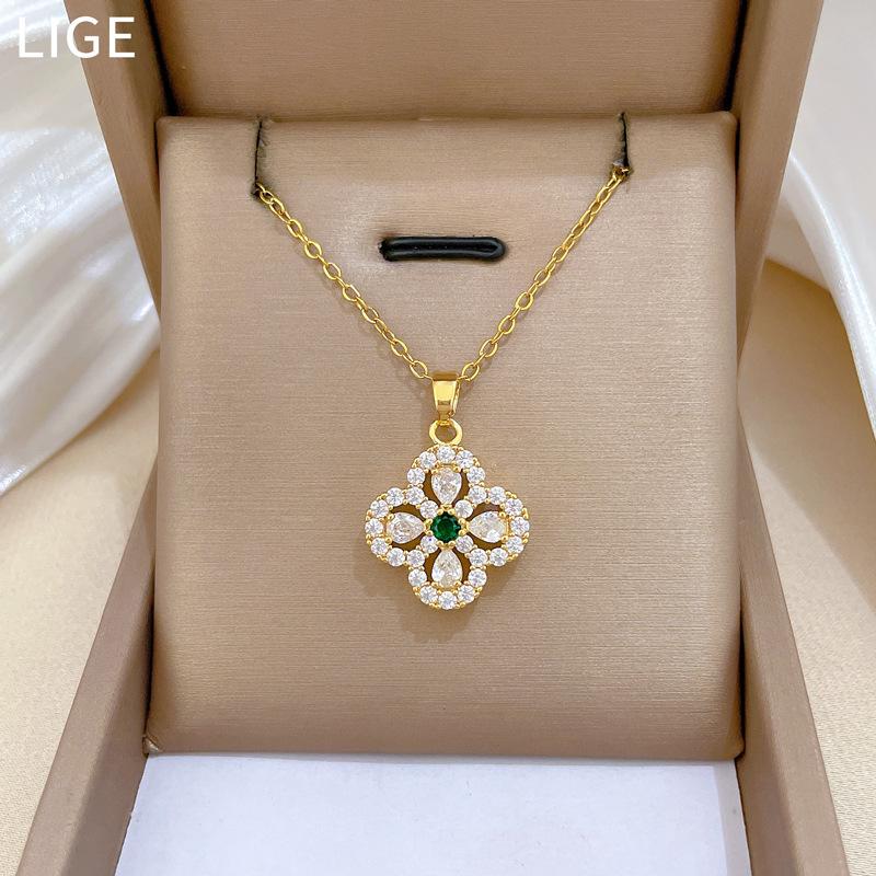 Titanium Steel, Zircon Lucky Grass Light Luxury Temperament Gorgeous Full Diamond Necklace Female Versatile Collarbone Chain Titanium Steel Chain