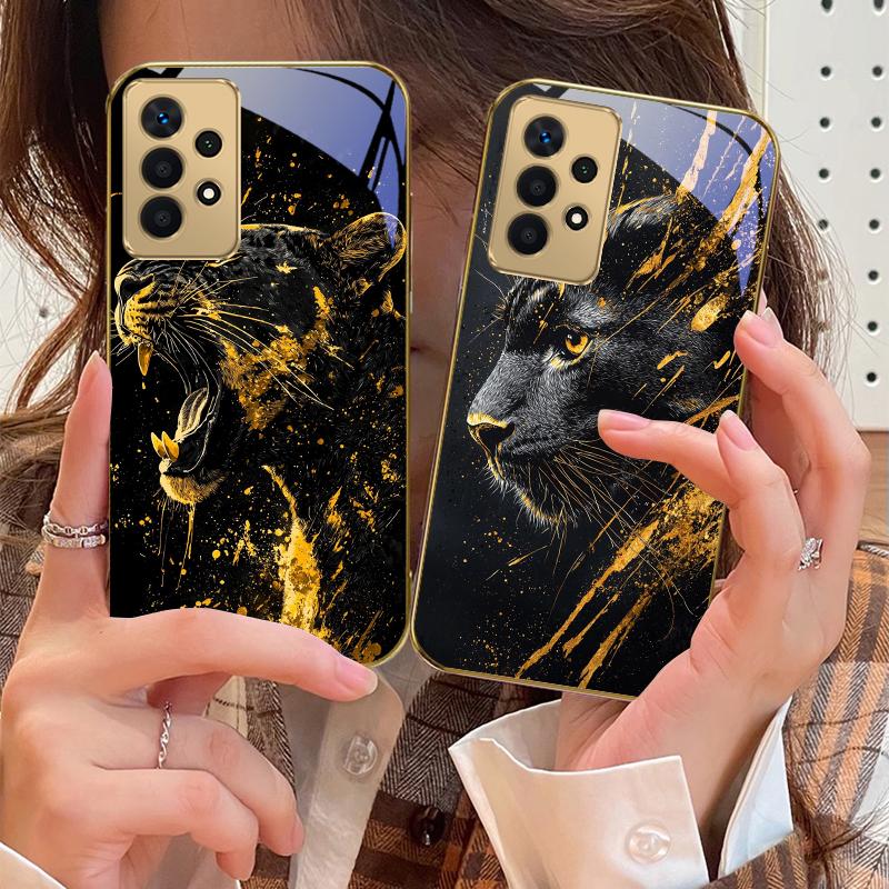 Black Panther Roars For Samsung A73 A72 A71 A42 A56 A55 A54 A53 A52s A52 A51 A36 A35 A34 A33 A32 16 14 Golden Glass Phone Case