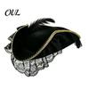 Vintage Style Costume Hat Halloween Pirate Hat, Captain Accessory, with Burgundy Lace Photo Prop And Feathered Decor, Lightweight Buccaneer Cap