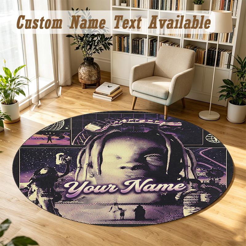 Round Rug Custom NameTravis Scott Pattern Non Slip Carpet Home Floor Decor