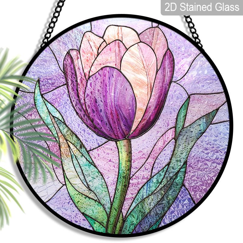 

2D Flat Stained Glass Flower Window Decoration, 7.87inches Purple Tulips Design Colored Glass Plate with Chain, Charming Spring Summer Sun Catcher 7.87inch