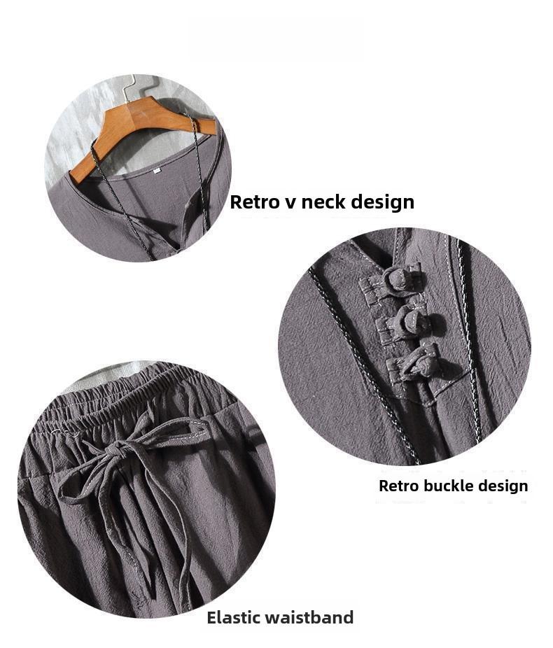 Men's Retro Chinese-Style Cotton & Linen Buttoned Three-Quarter Sleeve T-Shirt and Shorts Set