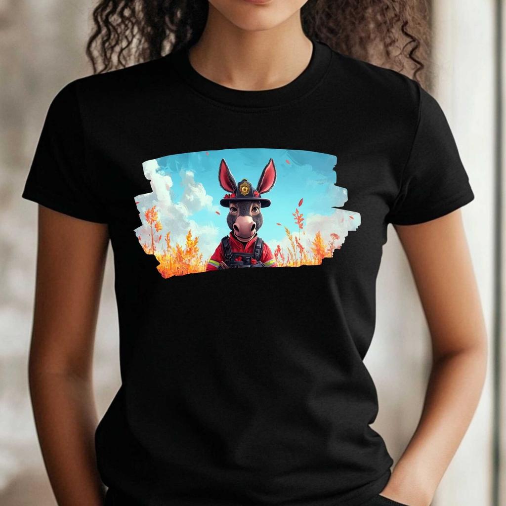 T-Shirt Frauen Esel als Feuerwehrmann Motiv Baumwolle Größe XS bis 3XLWird in neuem Fenster oder Tab geöffnet