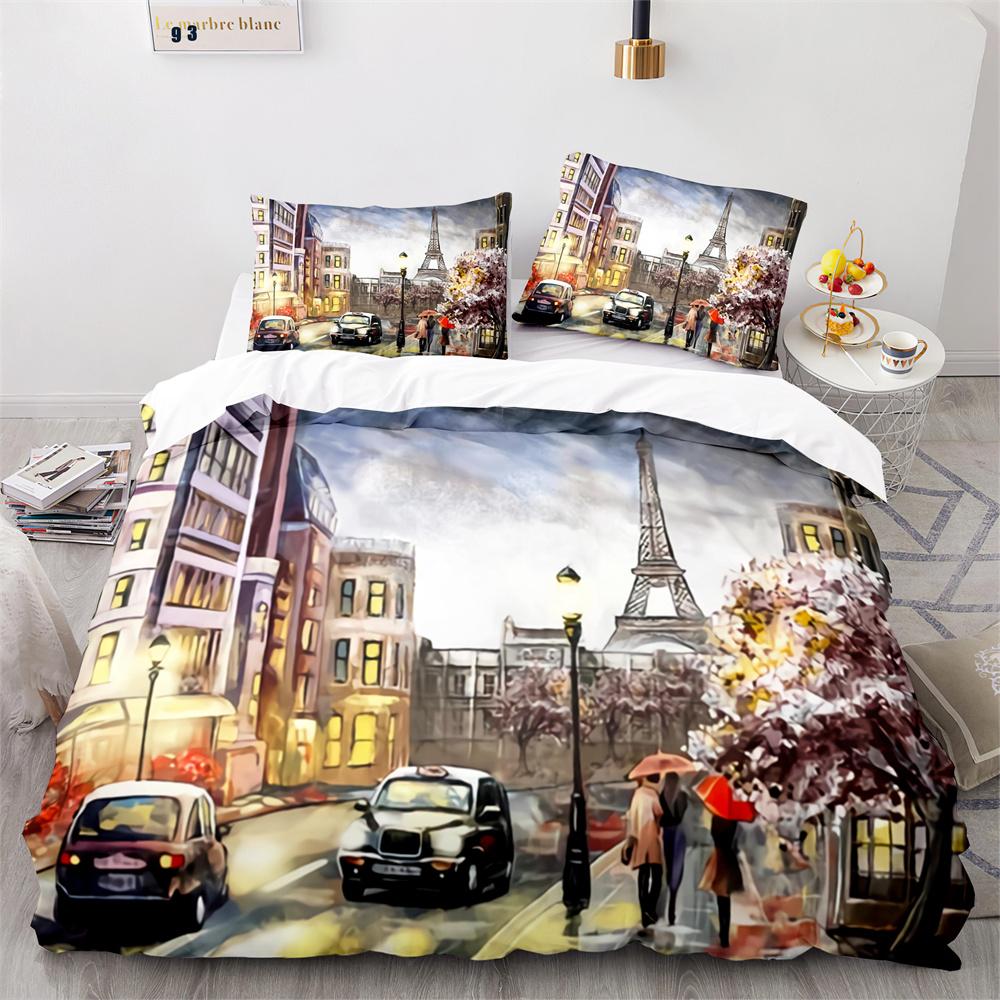 Paris Eiffel Tower Themed Couple Duvet Cover Set Cityscape Comforter Cover Romantic Polyester Bedspread Cover Pink Floral King