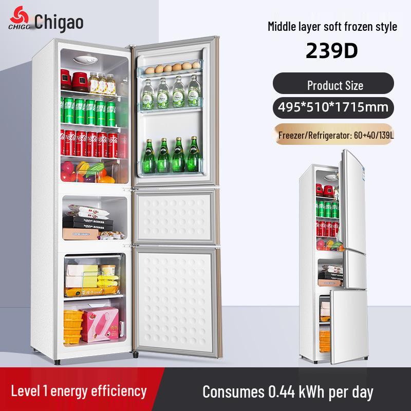 Chigo 57-239L Three-Door Refrigerator: Household Preferred, Large Capacity, First-Class Energy Efficiency, Multi-Temperature Zones.