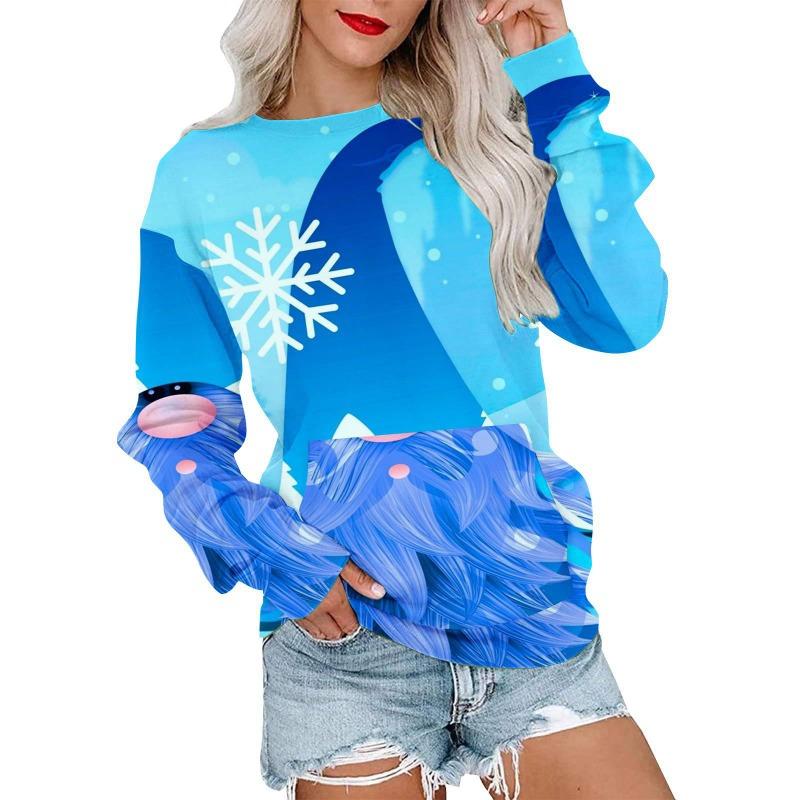 Autumn Winter Fashion Christmas Series Christmas Tree Elk Printed Pocket Round Neck Hoodie