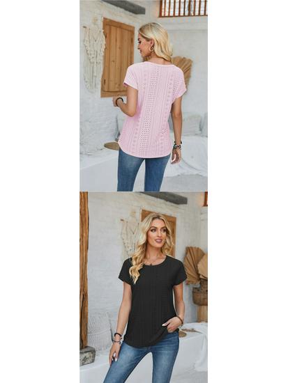 Spring & Summer Women's Loose Round Neck Eyelet Lace T-shirt
