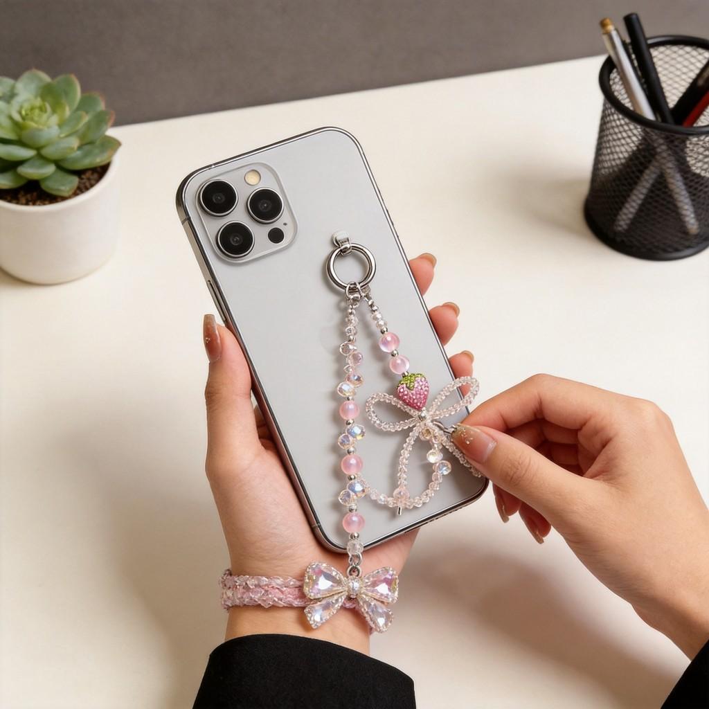 Cute Strawberry Phone Strap With Beads For Girls And Teens
