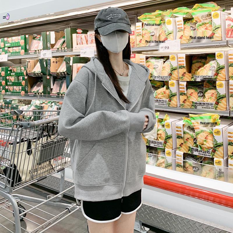 Women's Petite Gray Hooded Sweatshirt - Slimming Sporty Spring Cardigan Top