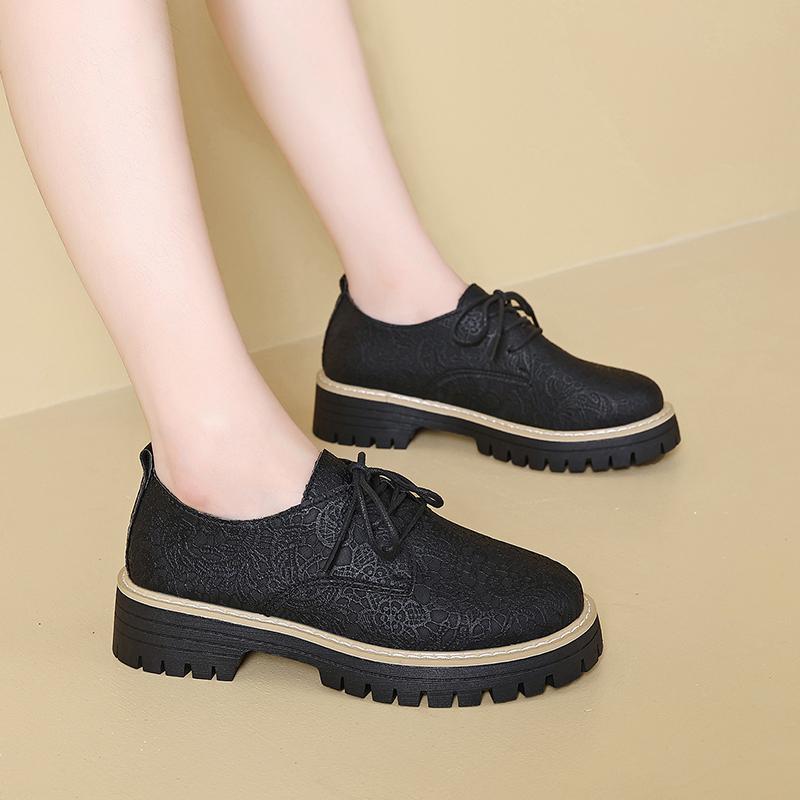 Shoes for Women Pumps Retro Fretwork Flowers Platform Round Toe Casual Sneaker Block Heel Artificial Leather New In Lace-on Sale